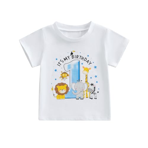 Baby Junge 1. Jahr Geburtstags T-Shirt Wild One Kurzarm Oberteil Baby Mein Erster Geburtstags Outfit Sommer Kleidung (It's My 1 Birthday Tiere Weiß, 6-12 Months) von Geagodelia