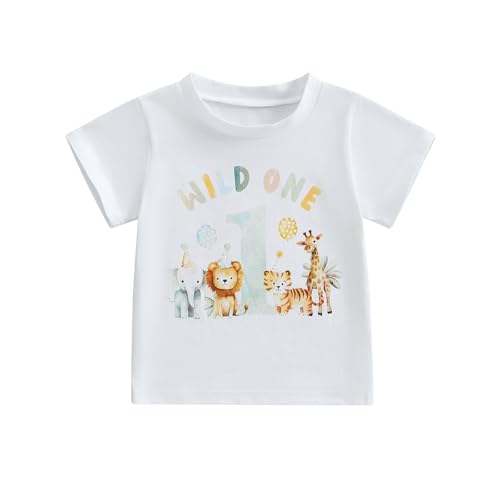 Baby Junge 1. Jahr Geburtstags T-Shirt Wild One Kurzarm Oberteil Baby Mein Erster Geburtstags Outfit Sommer Kleidung (Wild One 1 Tiere Weiß, 6-12 Months) von Geagodelia