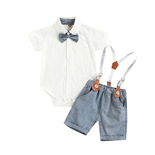 Baby Jungen Kleidung Set mit Hosenträger und Fliege Kurzarm Body Strampler Sommer T-Shirt Oberteil Shorts Babykleidung Set Sommer Baby Gentleman Anzug für Taufe Hochzeit (Blau, 12-18 Monate) von Geagodelia