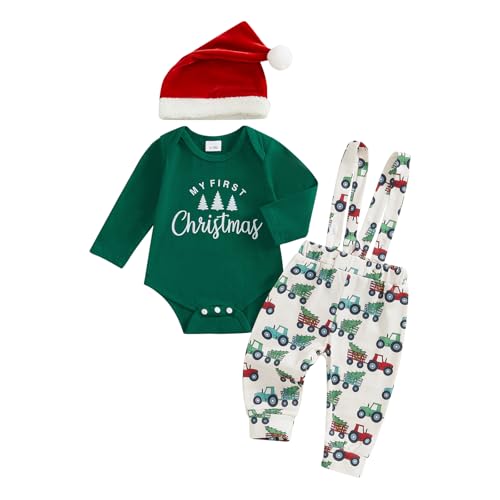 Baby Jungen Weihnachten Outfit Kleidung Weihnachtsoutfit Babykleidung Set Body Strampler + Hose mit Hosenträger Neugeborene Babyset My First Christmas (Grün & Weiß - Weihnachtsbaum, 9-12 Monate) von Geagodelia