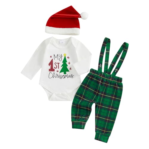 Baby Jungen Weihnachten Outfit Kleidung Weihnachtsoutfit Babykleidung Set Body Strampler + Hose mit Hosenträger Neugeborene Babyset My First Christmas (Weiß & Grün - Weihnachtsbaum, 9-12 Monate) von Geagodelia