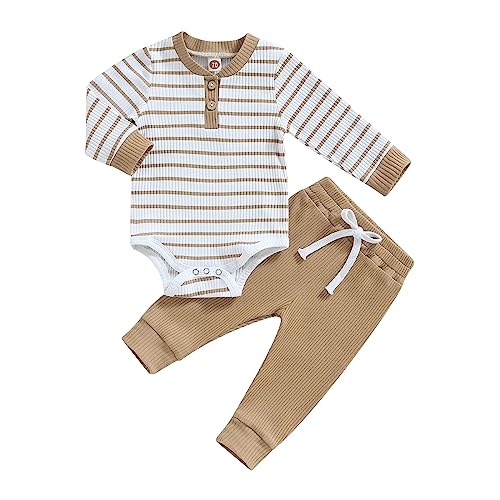 Baby Kleidung Jungen Neugeborene Set Gestreift Langarm Body und Hose Sommer Kleidung Outfit (Gerippt Hellbraun, 6-12 Months) von Geagodelia