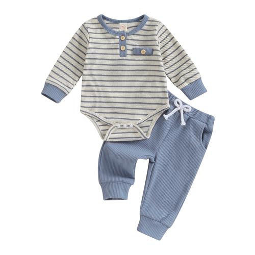 Baby Kleidung Jungen Neugeborene Set Gestreift Langarm Body und Hose Sommer Kleidung Outfit (Gewaffelt Blau, 0-3 Months) von Geagodelia