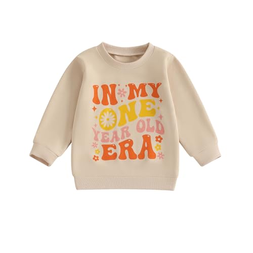 Baby Mädchen 1. Jahr Geburtstags Sweatshirt In My One Year Old Era Langarmshirt Oberteil Baby Mein Erster Geburtstags Outfit Sommer Kleidung (In My One Year Old Beige, 12-18 Months) von Geagodelia