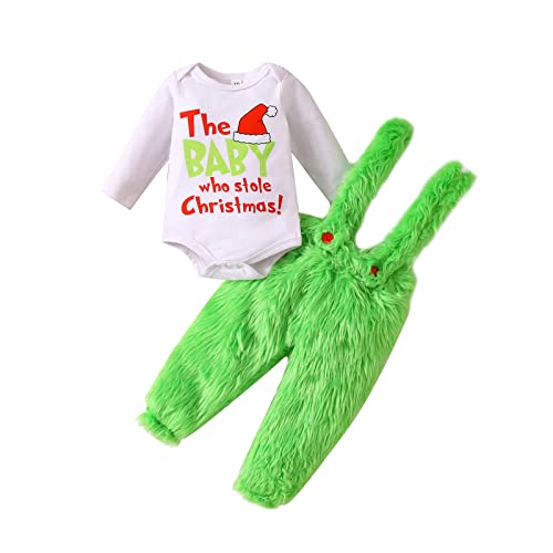 Baby Weihnachtsoutfit Jungen Langarm Strampler Body + Grüne Pelzige Hose mit Hosenträger Neugeborenes Mein Erstes Weihnachten Baby Kleidung Set Winter (Grün-Hose, 6-12 Monate) von Geagodelia