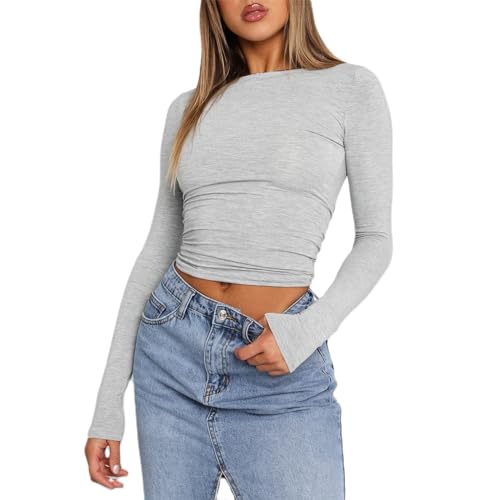 Damen Basic Langarmshirt Eng Rundhalsausschnitt Langarm Oberteil Teenager Mädchen Y2K Crop Top (A 01- Grau, L) von Geagodelia