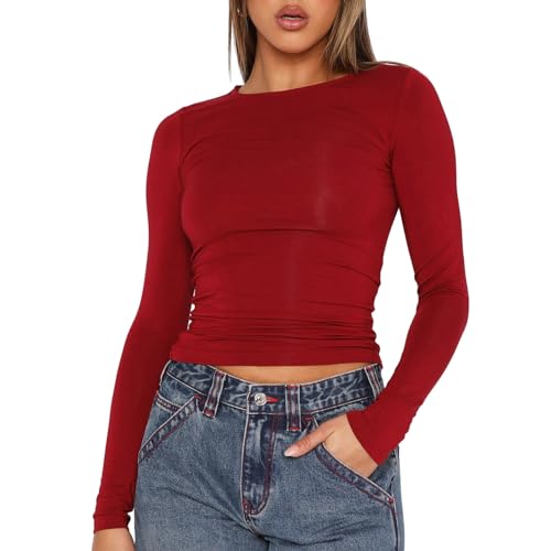 Damen Basic Langarmshirt Eng Rundhalsausschnitt Langarm Oberteil Teenager Mädchen Y2K Crop Top (A 01- Rot, L) von Geagodelia