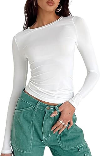 Damen Basic Langarmshirt Eng Rundhalsausschnitt Langarm Oberteil Teenager Mädchen Y2K Crop Top (A 01- Weiß, L) von Geagodelia