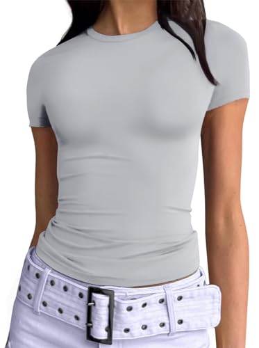 Damen Basic T-Shirt Stretch Eng Kurzarm Rundhalsausschnitt Sommer Oberteil Slim Fit Y2K Top (Hellgrau, S) von Geagodelia