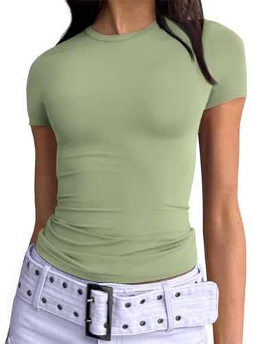 Damen Basic T-Shirt Stretch Eng Kurzarm Rundhalsausschnitt Sommer Oberteil Slim Fit Y2K Top (Hellgrün, M) von Geagodelia