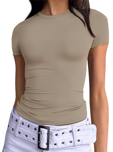 Damen Basic T-Shirt Stretch Eng Kurzarm Rundhalsausschnitt Sommer Oberteil Slim Fit Y2K Top (Khaki, M) von Geagodelia