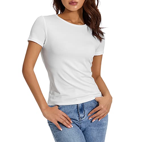 Damen Basic T-Shirts Stretch Eng Kurzarm Sommer Oberteile Sexy Slim Fit Y2K Top Clothes Vintage Aesthetic Outfit (A 01- Weiß, S) von Geagodelia