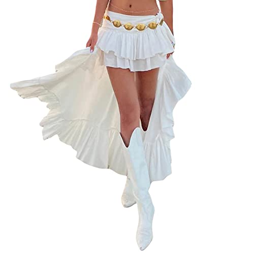 Damen Boho Rock Vorne Kurz Hinten Lang A Linie Low Waist Faltenrock Piratenkostüm Rock für Faschingskostüme Fasching Karneval Halloween Kostüm Party (Weiß, M) von Geagodelia
