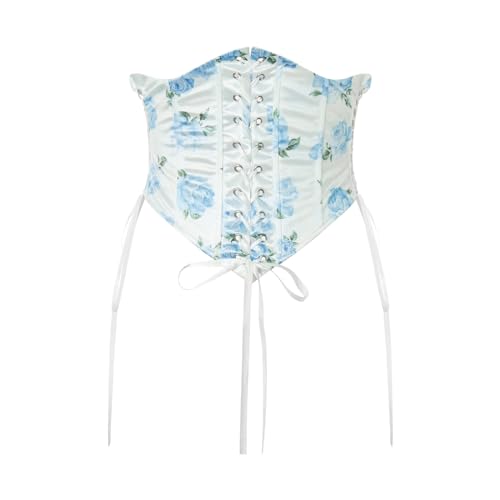 Damen Schulterfrei Minikleid mit Unterbrust Korsett Gürtel Langarm Rüschen A Linie Piratenkostüm Kleid Kurz Sommer Chiffon Boho Kleid Strandkleid (Korsett Blaue Blumen, L) von Geagodelia