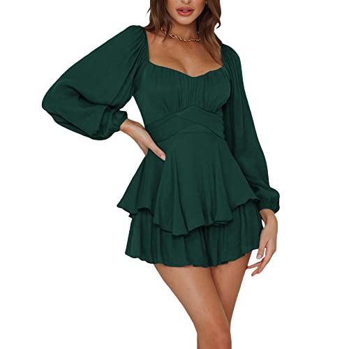 Damen Schulterfrei Minikleid mit integrierter Shorts drunter Langarm/Kurzarm Rüschen A Linie Piratenkostüm Kleid 2 in 1 Kurz Sommer Boho Kleid Strandkleid (102001#Dunkelgrün, L) von Geagodelia