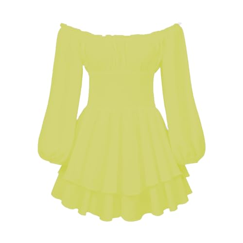 Damen Schulterfrei Minikleid mit integrierter Shorts drunter Langarm/Kurzarm Rüschen A Linie Piratenkostüm Kleid 2 in 1 Kurz Sommer Boho Kleid Strandkleid (102002#Gelb, M) von Geagodelia
