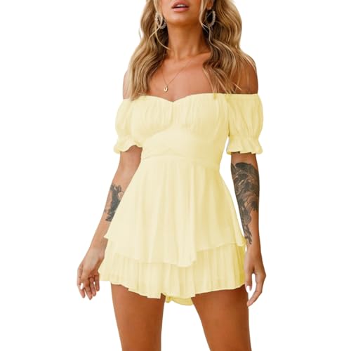 Damen Schulterfrei Minikleid mit integrierter Shorts drunter Langarm/Kurzarm Rüschen A Linie Piratenkostüm Kleid 2 in 1 Kurz Sommer Boho Kleid Strandkleid (102003#Gelb, L) von Geagodelia