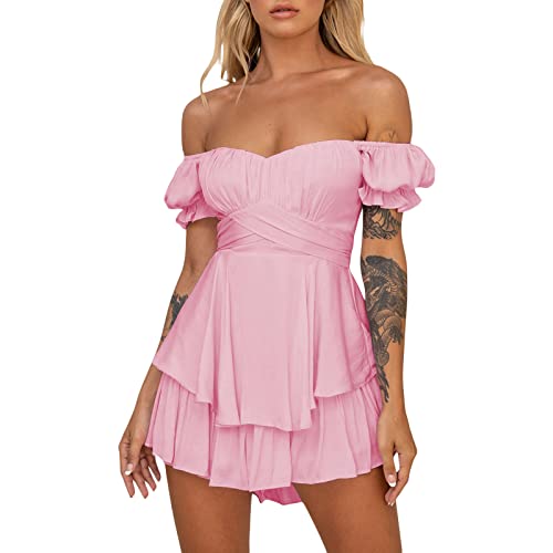 Damen Schulterfrei Minikleid mit integrierter Shorts drunter Langarm/Kurzarm Rüschen A Linie Piratenkostüm Kleid 2 in 1 Kurz Sommer Boho Kleid Strandkleid (102003#Pink, S) von Geagodelia