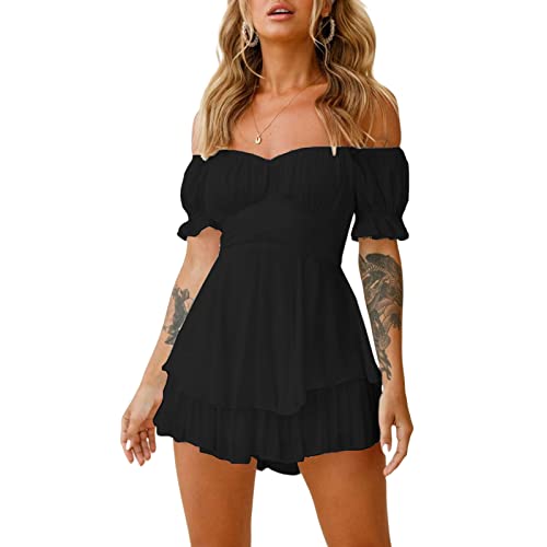 Damen Schulterfrei Minikleid mit integrierter Shorts drunter Langarm/Kurzarm Rüschen A Linie Piratenkostüm Kleid 2 in 1 Kurz Sommer Boho Kleid Strandkleid (102003#Schwarz, S) von Geagodelia