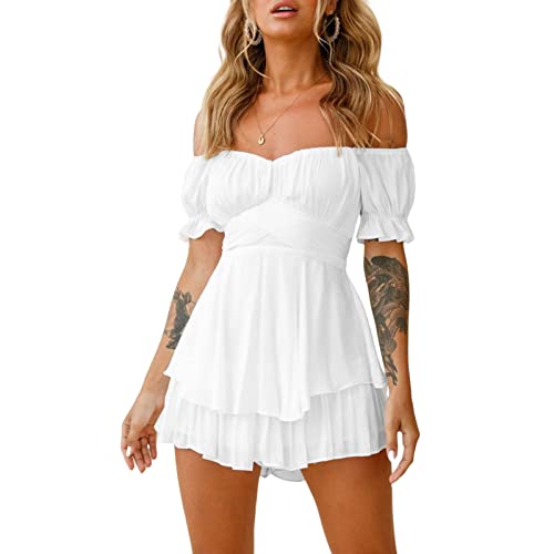 Damen Schulterfrei Minikleid mit integrierter Shorts drunter Langarm/Kurzarm Rüschen A Linie Piratenkostüm Kleid 2 in 1 Kurz Sommer Boho Kleid Strandkleid (102003#Weiß, L) von Geagodelia