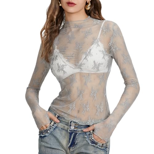 Geagodelia Damen Sheer Mesh Langarmshirt Spitzen Blumenmuster Stehkragen Durchsichtige Langarm Oberteil Enge Unterziehshirt Layering Tops Shirts Bluse (Grau, S) von Geagodelia