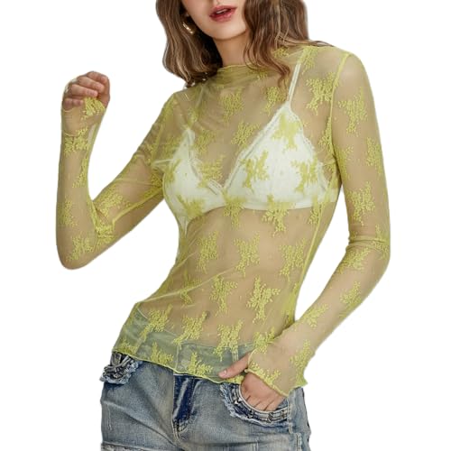 Geagodelia Damen Sheer Mesh Langarmshirt Spitzen Blumenmuster Stehkragen Durchsichtige Langarm Oberteil Enge Unterziehshirt Layering Tops Shirts Bluse (Grün, L) von Geagodelia