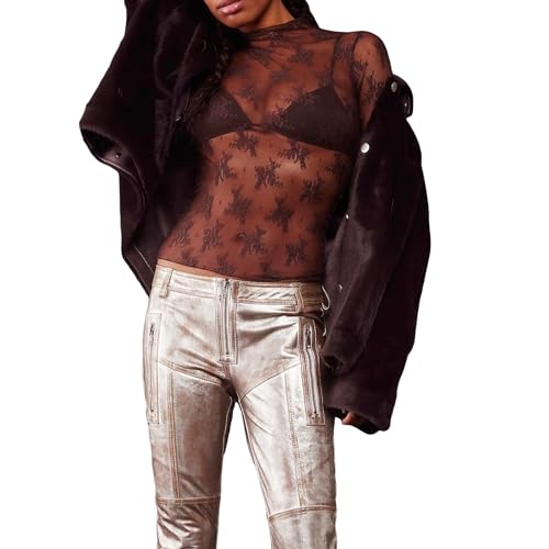 Geagodelia Damen Sheer Mesh Langarmshirt Spitzen Blumenmuster Stehkragen Durchsichtige Langarm Oberteil Enge Unterziehshirt Layering Tops Shirts Bluse (Rotbraun, S) von Geagodelia