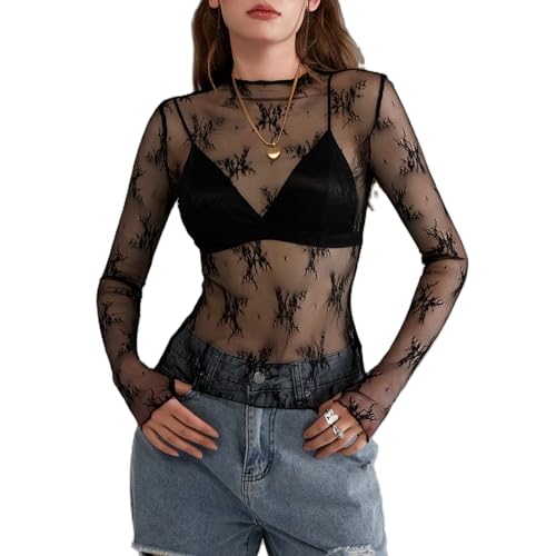 Damen Sheer Mesh Langarmshirt Spitzen Blumenmuster Stehkragen Durchsichtige Langarm Oberteil Enge Unterziehshirt Layering Tops Shirts Bluse mit Daumenloch (Schwarz, L) von Geagodelia