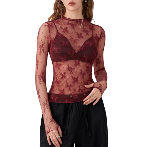 Damen Sheer Mesh Langarmshirt Spitzen Blumenmuster Stehkragen Durchsichtige Langarm Oberteil Enge Unterziehshirt Layering Tops Shirts Bluse mit Daumenloch (Weinrot, L) von Geagodelia
