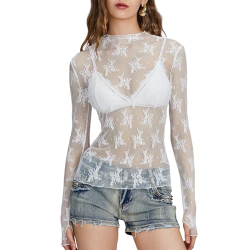 Damen Sheer Mesh Langarmshirt Spitzen Blumenmuster Stehkragen Durchsichtige Langarm Oberteil Enge Unterziehshirt Layering Tops Shirts Bluse mit Daumenloch (Weiß, S) von Geagodelia