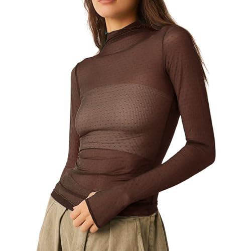 Damen Sheer Mesh Langarmshirt Stehkragen Durchsichtige Langarm Oberteil Enge Unterziehshirt Layering Tops Shirts Bluse (Dunkelbraun, M) von Geagodelia
