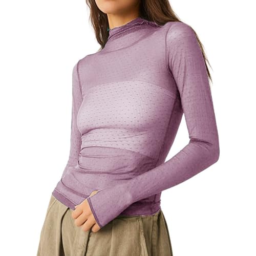 Damen Sheer Mesh Langarmshirt Stehkragen Durchsichtige Langarm Oberteil Enge Unterziehshirt Layering Tops Shirts Bluse (Lila, M) von Geagodelia