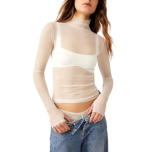 Damen Sheer Mesh Langarmshirt Stehkragen Durchsichtige Langarm Oberteil Enge Unterziehshirt Layering Tops Shirts Bluse (Weiß, XL) von Geagodelia