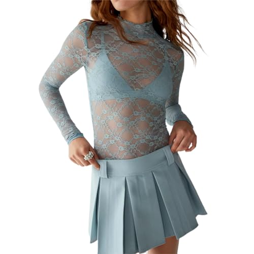 Damen Sheer Mesh Spitzen Langarmshirt Blumenmuster Stehkragen Durchsichtige Langarm Oberteil Unterziehshirt Layering Tops Shirts Bluse (Hellblau, XL) von Geagodelia