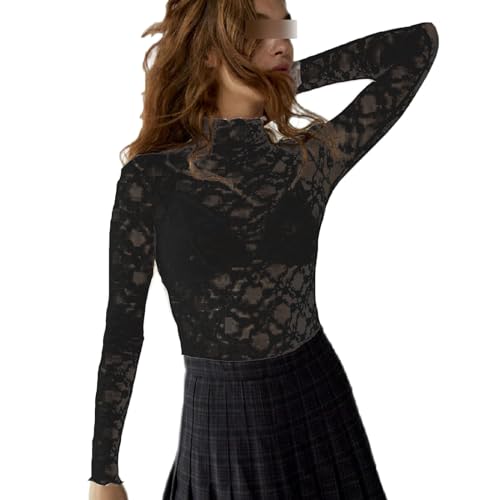 Damen Sheer Mesh Spitzen Langarmshirt Blumenmuster Stehkragen Durchsichtige Langarm Oberteil Unterziehshirt Layering Tops Shirts Bluse (Schwarz, XL) von Geagodelia