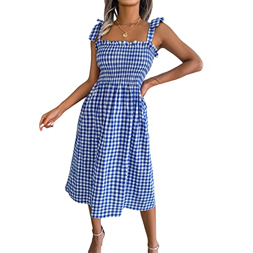 Damen Sommer Gingham Kleid Midi Lang Ärmellos A-Linie Kariertes Kleid Gesmoktes Sommerkleid (Blau, S) von Geagodelia