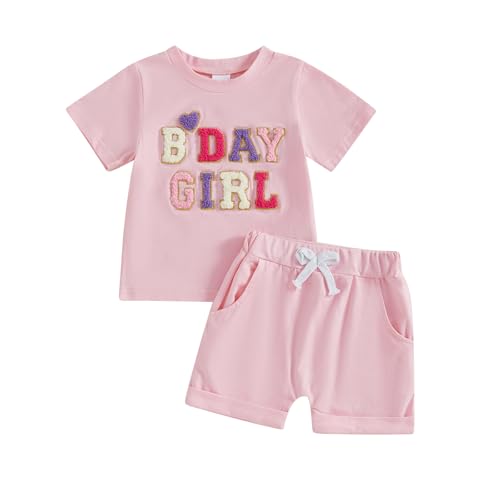 Geagodelia 1. Jahr Geburtstag Outfit Baby Mädchen Sommer Kleidung Set Kurzarm T-Shirt Oberteil und Shorts Bekleidungssets (B-Day Girl Pink, 18-24 Monate) von Geagodelia