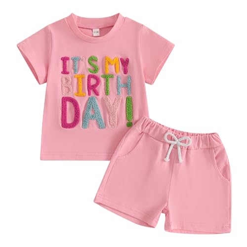 Geagodelia 1. Jahr Geburtstag Outfit Baby Mädchen Sommer Kleidung Set Kurzarm T-Shirt Oberteil und Shorts Bekleidungssets (It's My Birthday Pink, 6-12 Monate) von Geagodelia