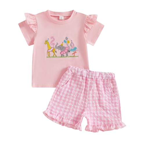 Geagodelia 1. Jahr Geburtstag Outfit Baby Mädchen Sommer Kleidung Set Kurzarm T-Shirt Oberteil und Shorts Bekleidungssets (Rüschen Tiere 2 Pink, 2-3 Jahre) von Geagodelia