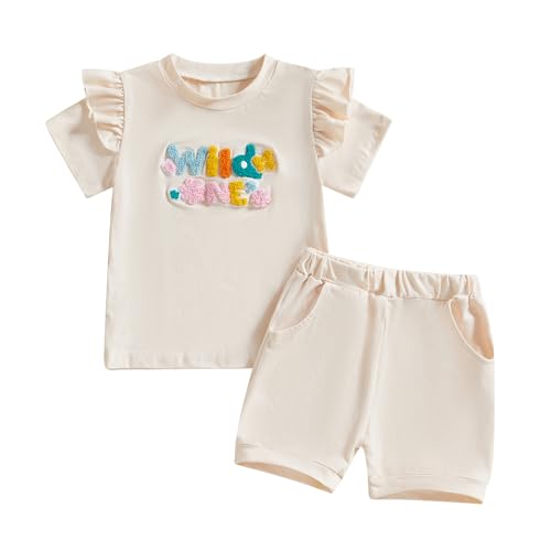 Geagodelia 1. Jahr Geburtstag Outfit Baby Mädchen Sommer Kleidung Set Kurzarm T-Shirt Oberteil und Shorts Bekleidungssets (Rüschen Wild One Khaki, 12-18 Monate) von Geagodelia