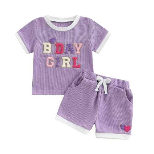 Geagodelia 1. Jahr Geburtstag Outfit Baby Mädchen Sommer Kleidung Set Kurzarm T-Shirt Oberteil und Shorts Bekleidungssets (Waffelstrick B-Day Girl Lila, 6-12 Monate) von Geagodelia