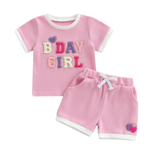 Geagodelia 1. Jahr Geburtstag Outfit Baby Mädchen Sommer Kleidung Set Kurzarm T-Shirt Oberteil und Shorts Bekleidungssets (Waffelstrick B-Day Girl Pink, 6-12 Monate) von Geagodelia