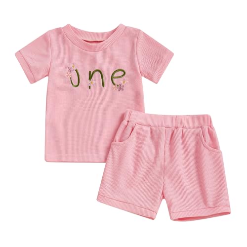 Geagodelia 1. Jahr Geburtstag Outfit Baby Mädchen Sommer Kleidung Set Kurzarm T-Shirt Oberteil und Shorts Bekleidungssets (Waffelstrick One Blumen Pink, 12-18 Monate) von Geagodelia