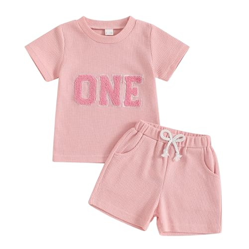 Geagodelia 1. Jahr Geburtstag Outfit Baby Mädchen Sommer Kleidung Set Kurzarm T-Shirt Oberteil und Shorts Bekleidungssets (Waffelstrick One Pink, 12-18 Monate) von Geagodelia