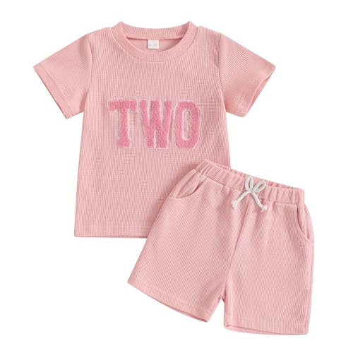 Geagodelia 1. Jahr Geburtstag Outfit Baby Mädchen Sommer Kleidung Set Kurzarm T-Shirt Oberteil und Shorts Bekleidungssets (Waffelstrick Two Pink, 18-24 Monate) von Geagodelia
