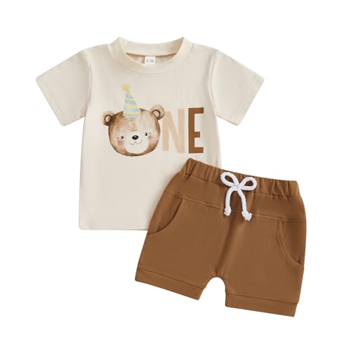 Geagodelia 1. Jahr Geburtstags Outfit Baby Junge Kleidung Set Kurzarm T-Shirt und Shorts Bekleidungssets für Jungen (One Bärchen Braun, 12-18 Monate) von Geagodelia