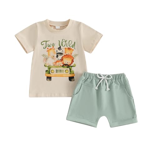 Geagodelia 1. Jahr Geburtstags Outfit Baby Junge Kleidung Set Kurzarm T-Shirt und Shorts Bekleidungssets für Jungen (Two Wild Tiere fahren Pickup Beige, 2-3 Jahre) von Geagodelia