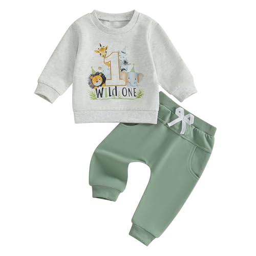 Geagodelia 1. Jahr Geburtstags Outfit Baby Junge Kleidung Set Langarm Sweatshirt und Hose Bekleidungssets für Jungen (1 Wild One Tiere Grün, 12-18 Monate) von Geagodelia