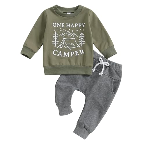 Geagodelia 1. Jahr Geburtstags Outfit Baby Junge Kleidung Set Langarm Sweatshirt und Hose Bekleidungssets für Jungen (One Happy Camper Olivgrün, 12-18 Months) von Geagodelia
