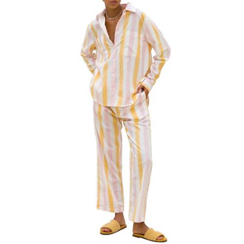 Geagodelia 2 Stück Pyjamas für Damen Lange Ärmel Gedruckt Faux gestreiften Druck Button Down Shirt + Hose Set Loungewear alle Jahreszeiten Nachtwäsche Pyjama Set (Gelber Streifen, L) von Geagodelia